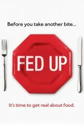 red plate in the shape of a stop sign with a knife and fork on either side with the words "fed up" .