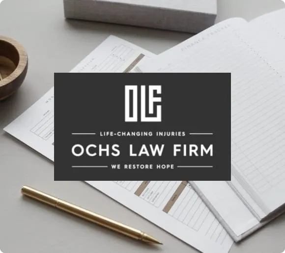 ochs law firm logo over some papers and a pencil.