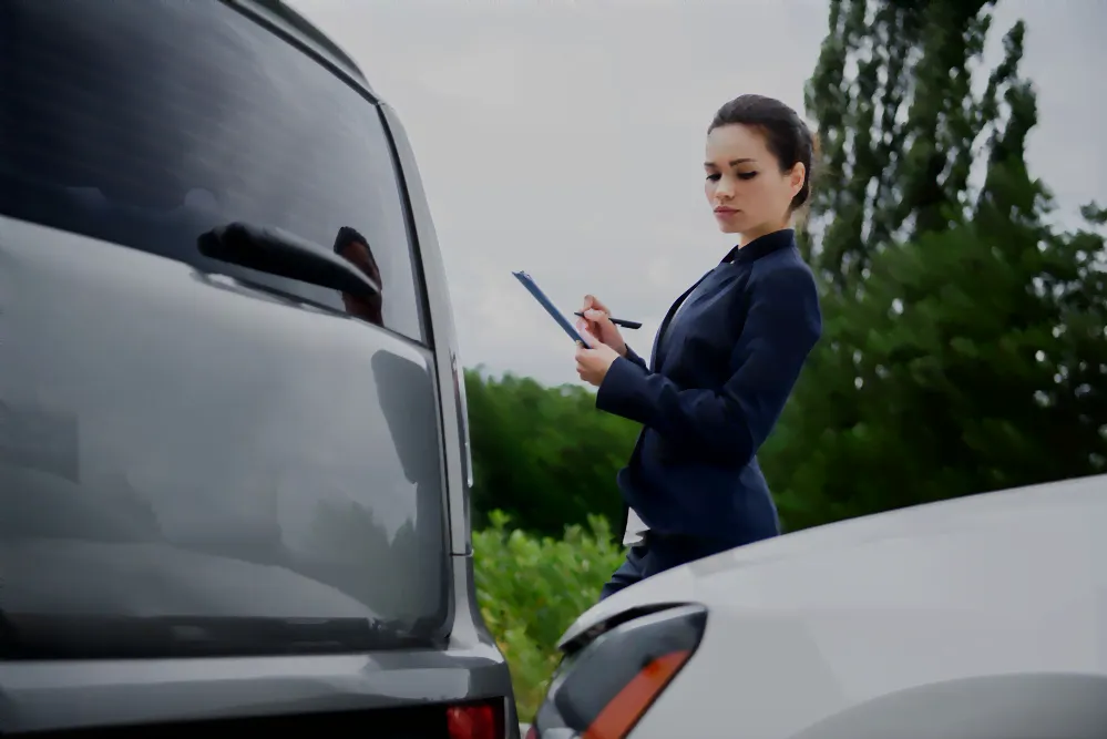 Claims adjustor woman looking of a car accident with her paper and pen.