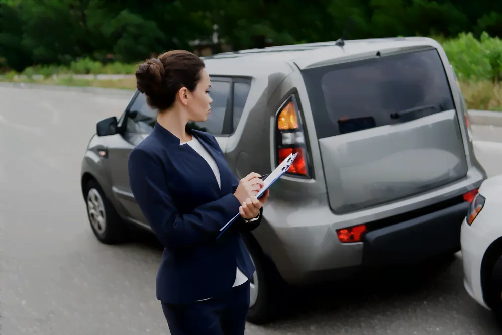 Claims adjuster woman looking over a car accident.