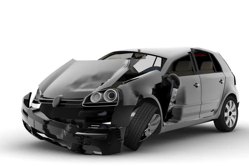 computer image of a silver car after a bad car accident.