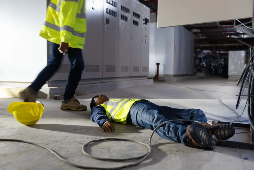 A man laying on the floor after tripping over a misplaced wire. at work. If you're suffering from a work injury our personal injury lawyer in Laramie, WY can help.