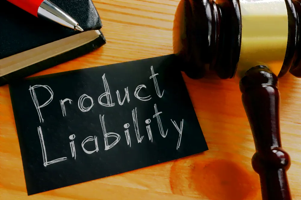Gavel next to a black paper that says "product liability".