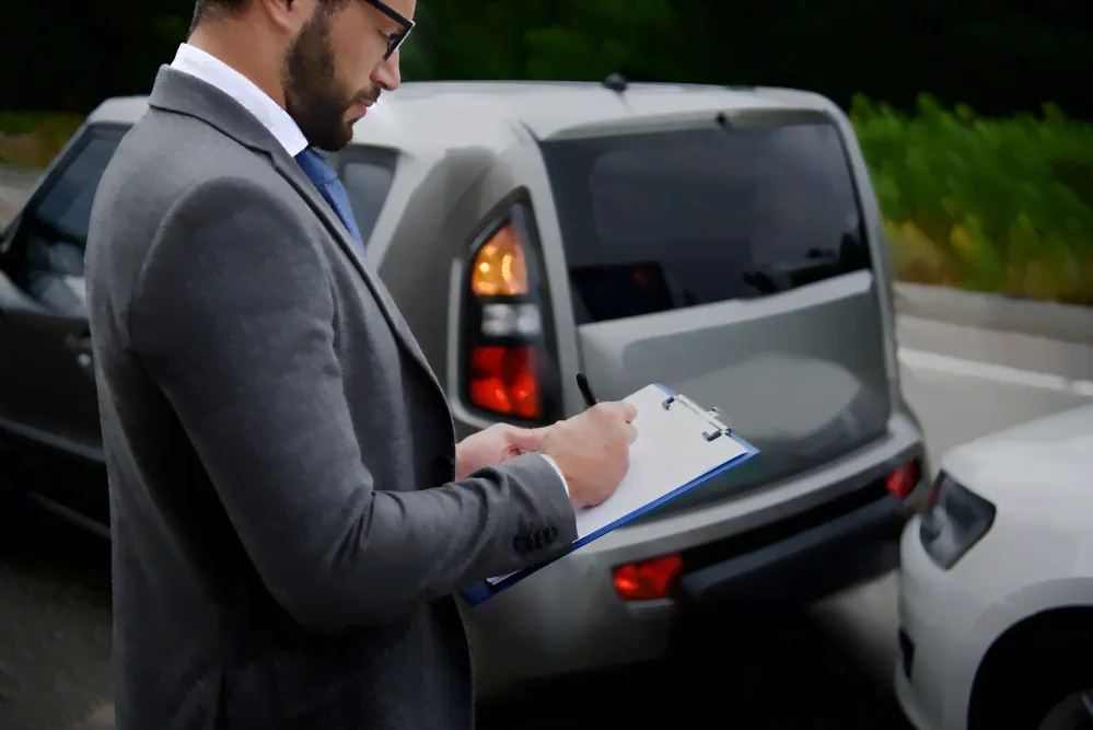 Claims adjuster looking over a car accident.